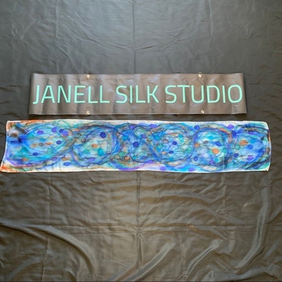 Hand Painted Blue Orange Green Purple Silk Scarf Cirque d’Aqua NWT - Picture 2 of 2